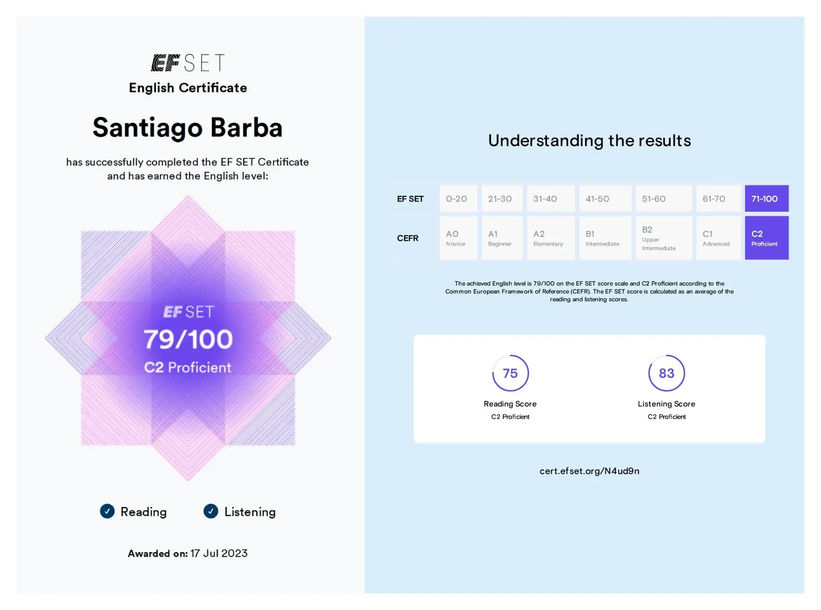 Photo of EF SET C2 certificate