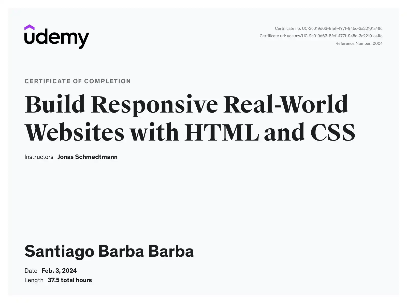 Photo of HTML and CSS Course completion certificate