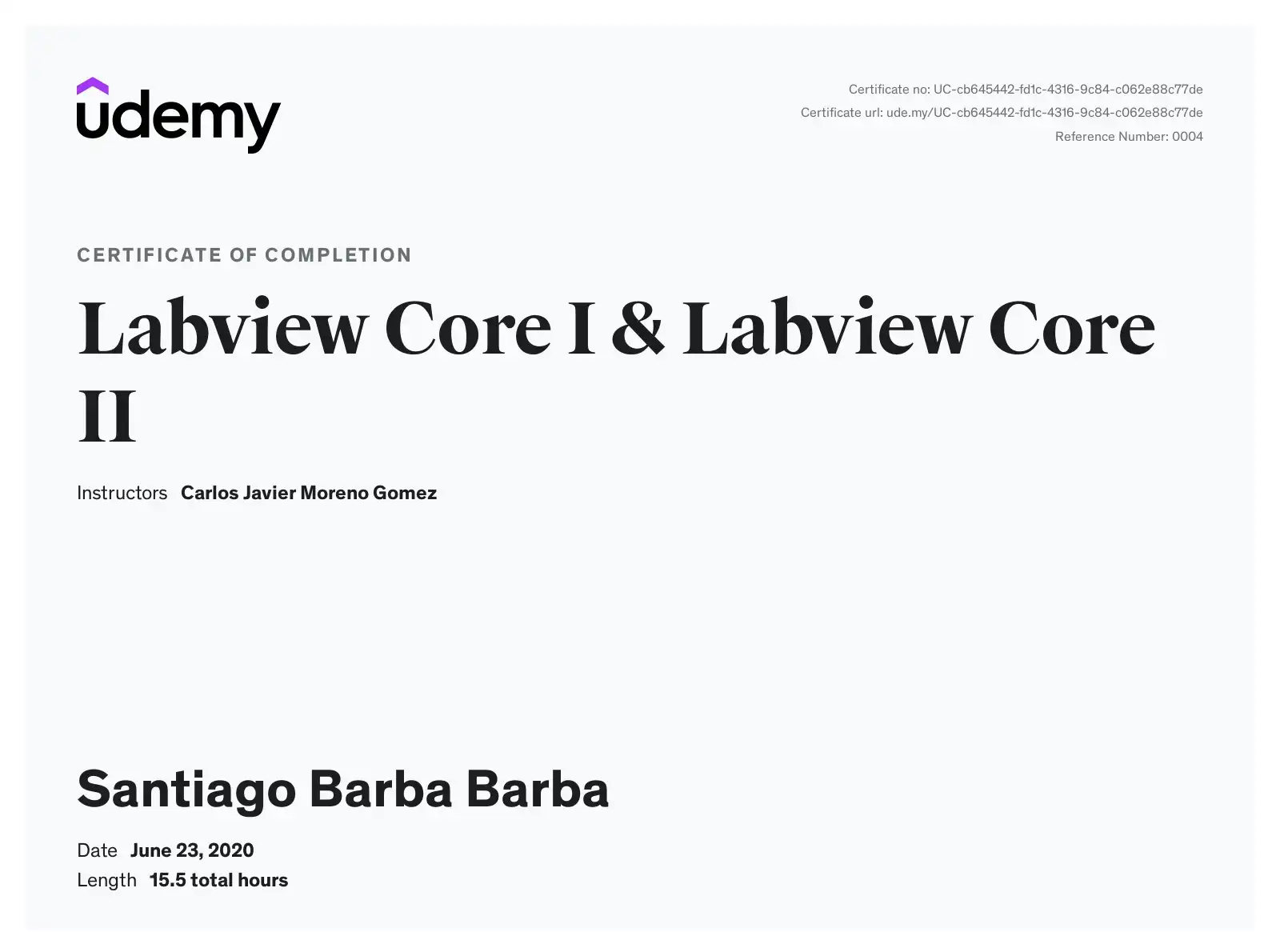 Photo of Labview Course completion certificate